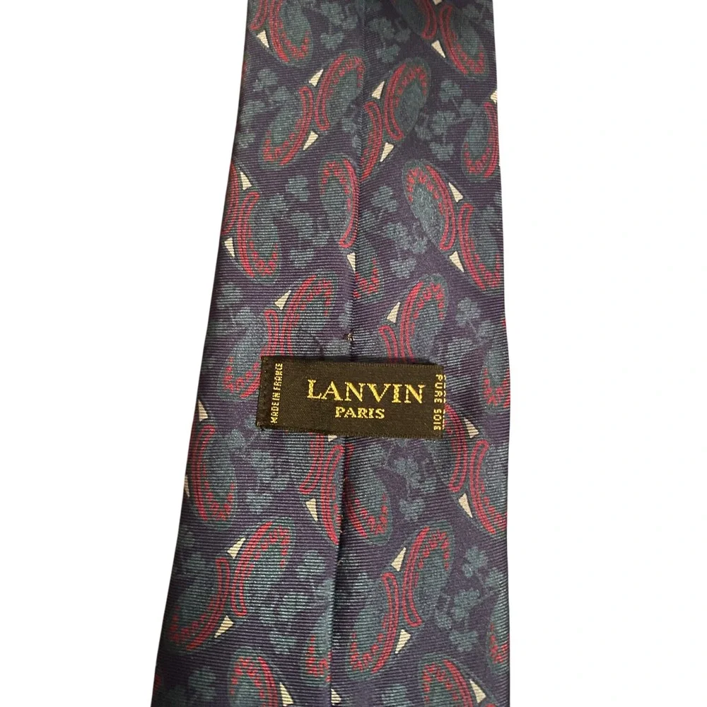 Lanvin Paris Mens Silk Tie Navy Blue Paisley Geometric Made in France Luxury‎